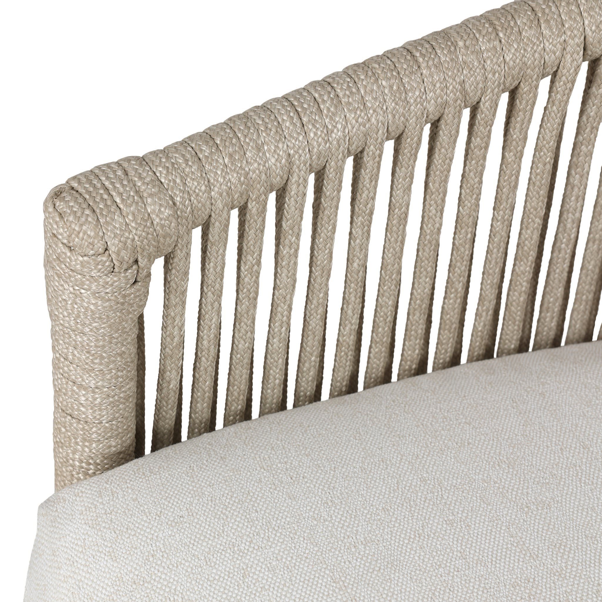 Close up of Four Hands Porto Outdoor Swivel Chair in Alessi Linen on a white background at Addison West