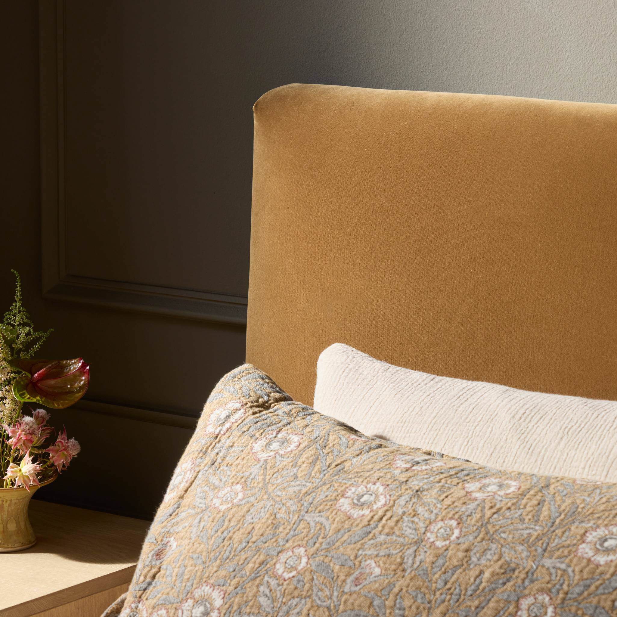 Four Hands Quincy Bed in Surrey Ochre, Queen in bedroom at Addison West.