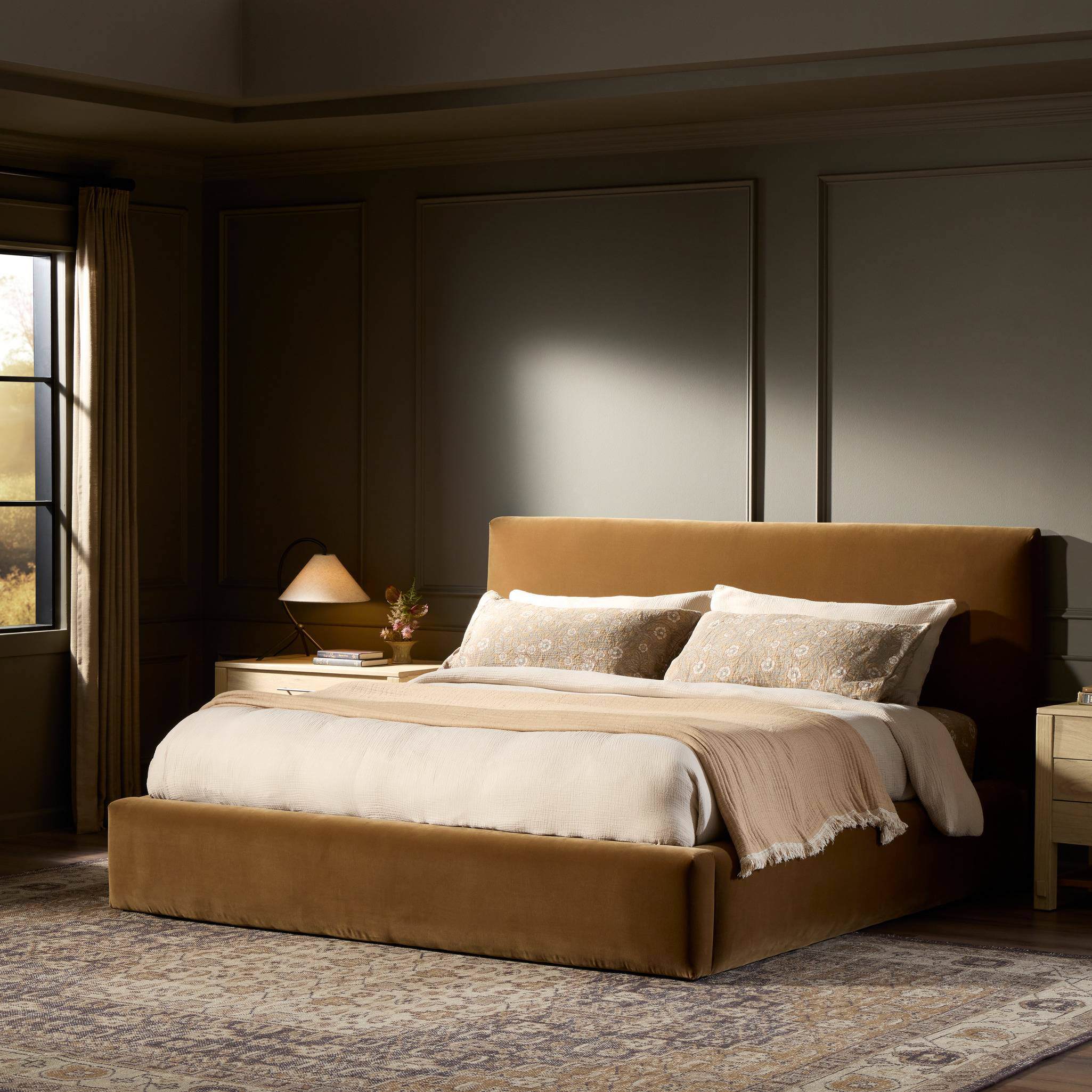 Four Hands Quincy Bed in Surrey Ochre, Queen in bedroom at Addison West.
