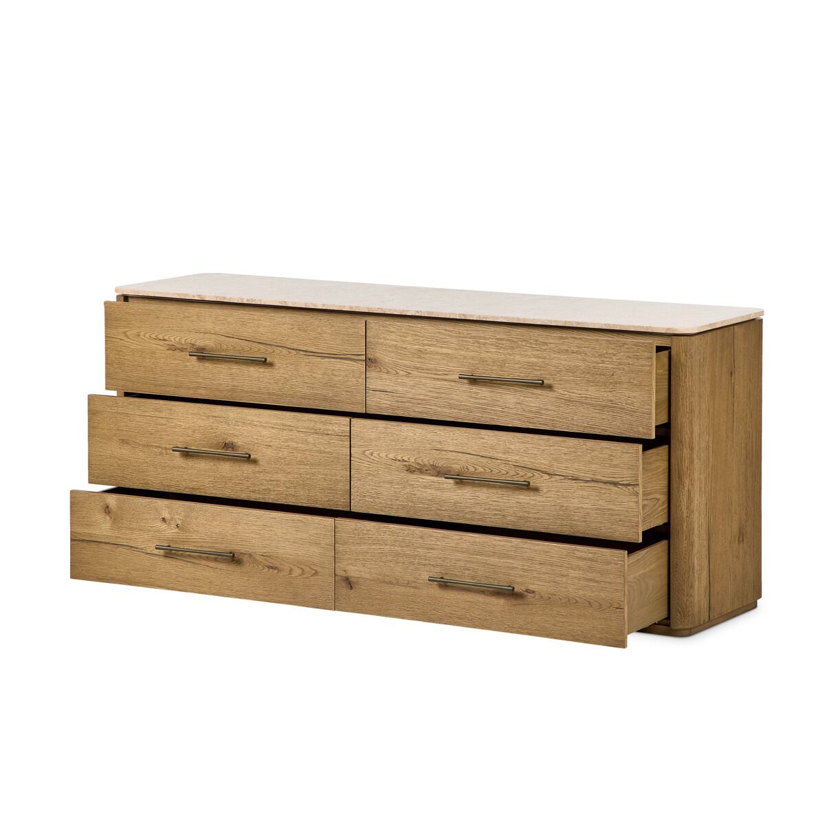 Four Hands Raleigh 6 Drawer Dresser in Worn Oak Veneer on a white background at Addison West