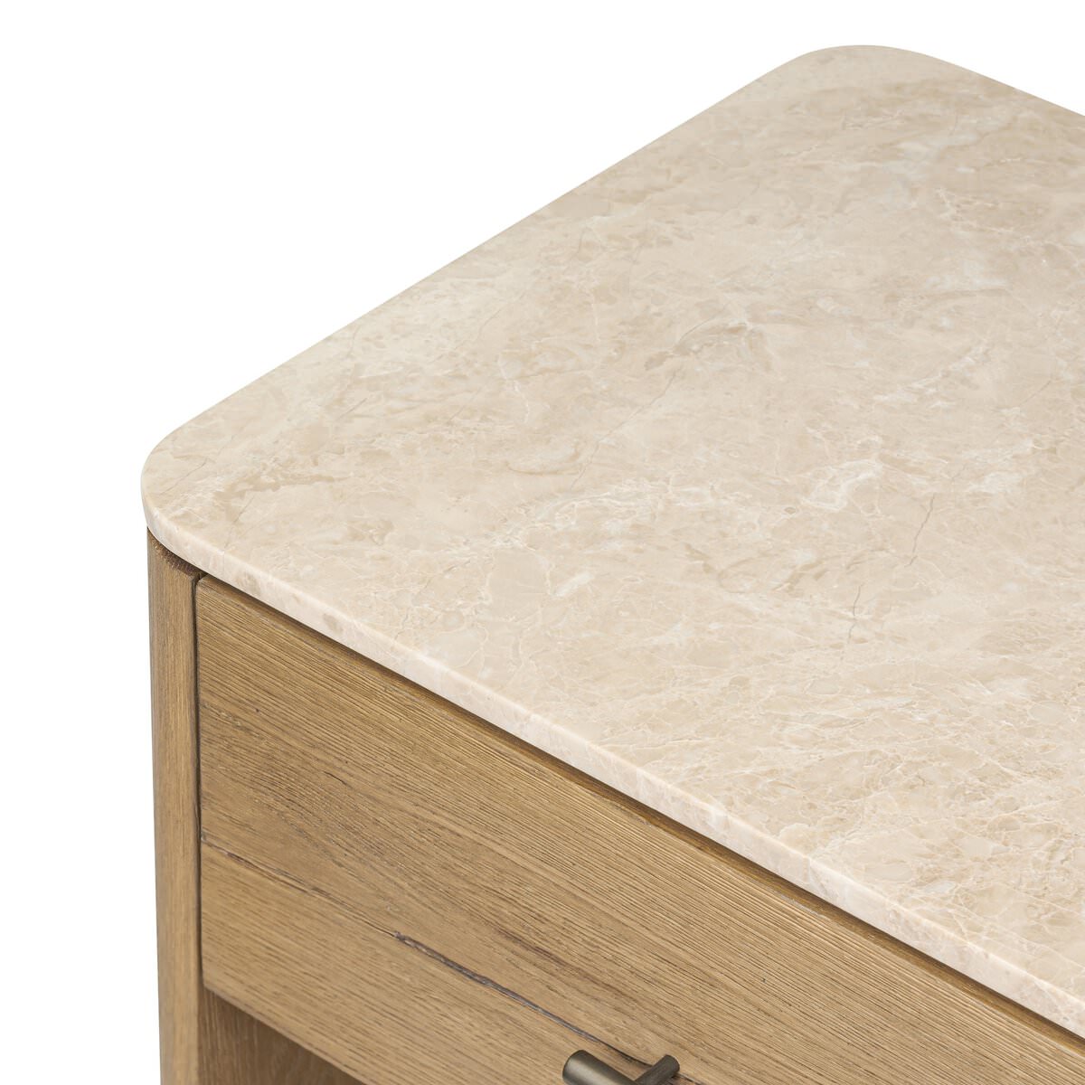 Close up of Four Hands Raleigh Nightstand in Cappuccino Marble on a white background at Addison West