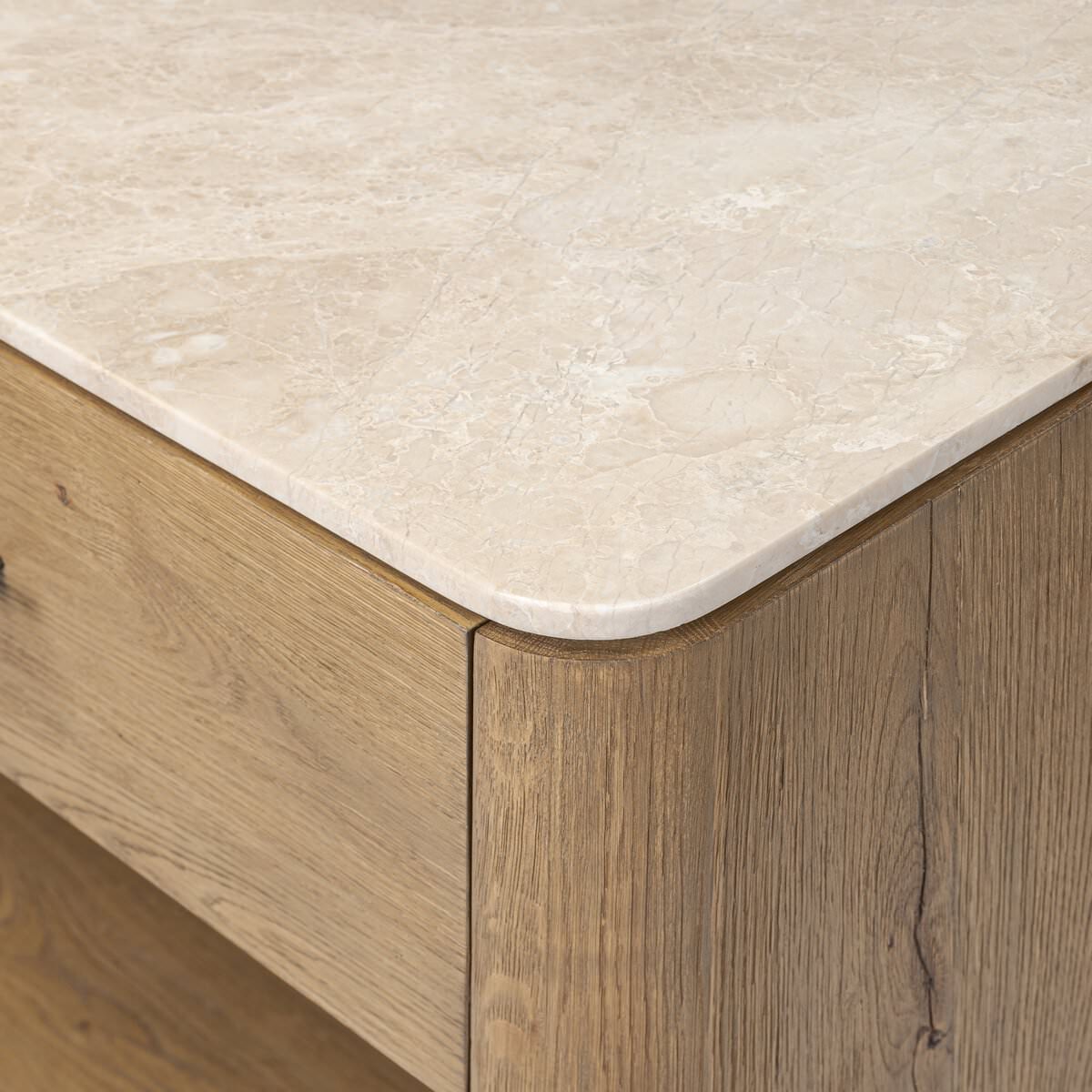 Close up of Four Hands Raleigh Nightstand in Cappuccino Marble on a white background at Addison West