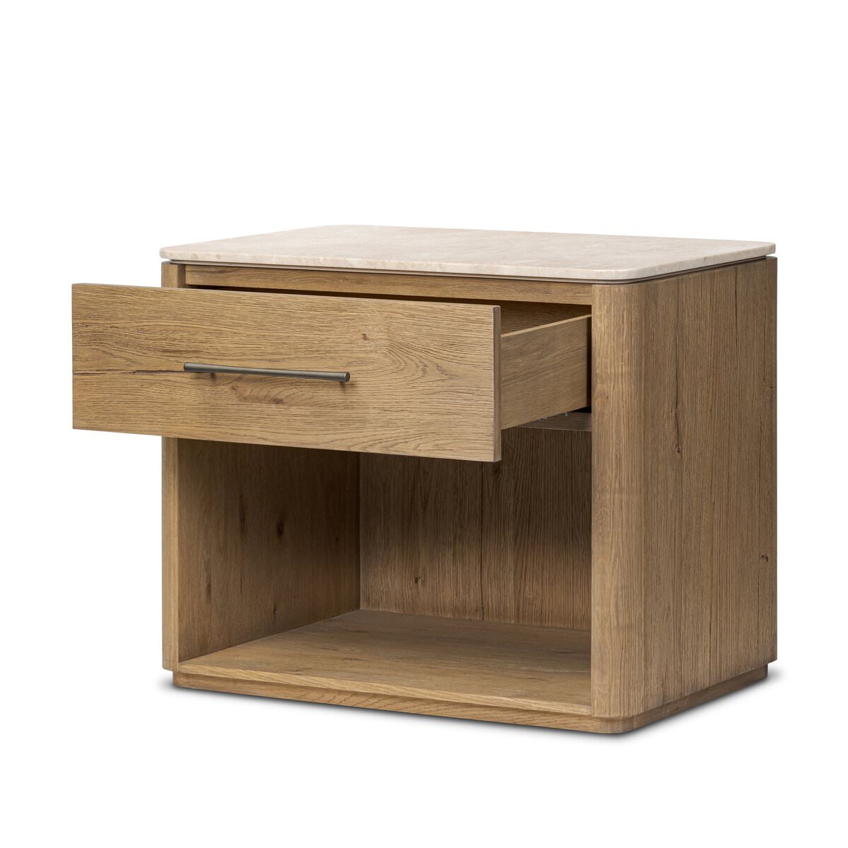 Four Hands Raleigh Nightstand in Cappuccino Marble on a white background at Addison West