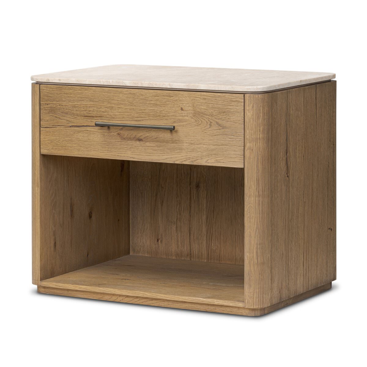 Four Hands Raleigh Nightstand in Cappuccino Marble on a white background at Addison West