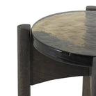 Close up of Four Hands Relo End Table in Olive Cast Glass on a white background at Addison West