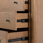 Close up of drawers of Four Hands Roark 6 Drawer Dresser in Amber Oak Veneer