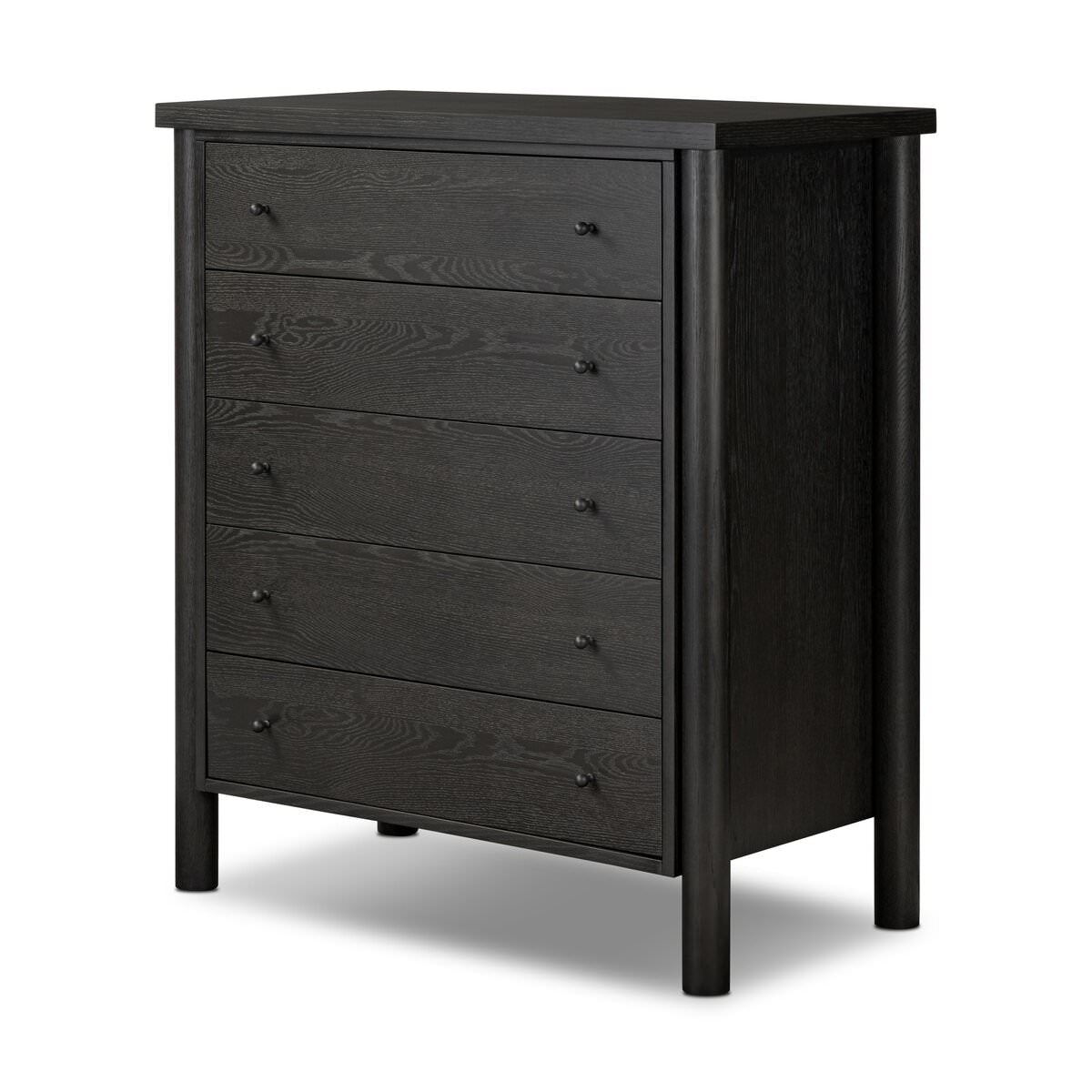 Four Hands Roark Tall Dresser in Ebony Oak Veneer on a white background at Addison West