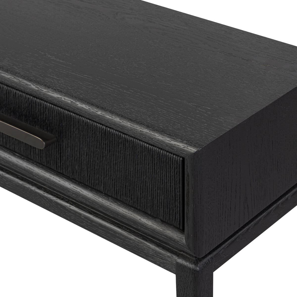 Close up of Four Hands Rosenell Console Table - 78" in Black Oak Solid on a white background at Addison West