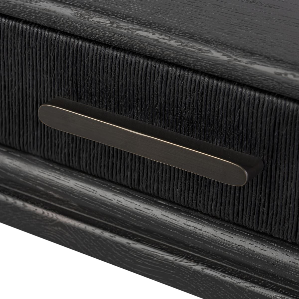 Close up of Four Hands Rosenell Console Table - 78" in Black Oak Solid on a white background at Addison West