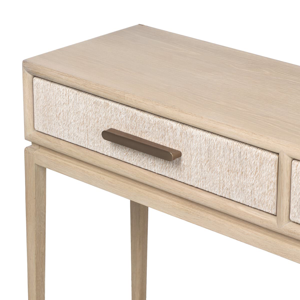 Close up of Four Hands Rosenell Console Table - 78" in Natural Oak Solid on a white background at Addison West