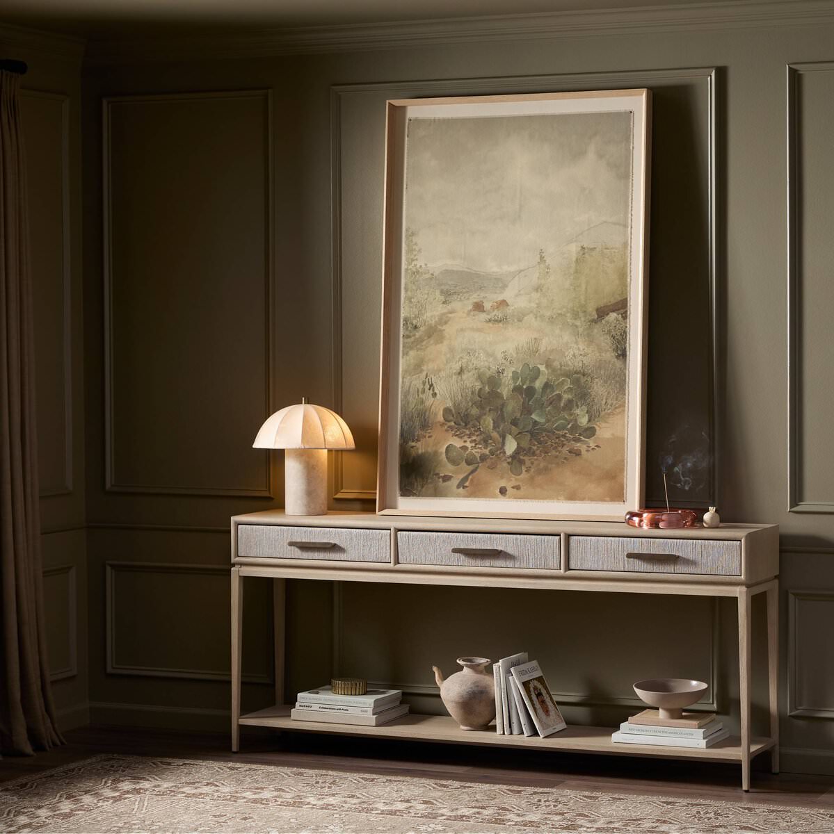 Four Hands Rosenell Console Table - 78" in Natural Oak Solid in a living room at Addison West