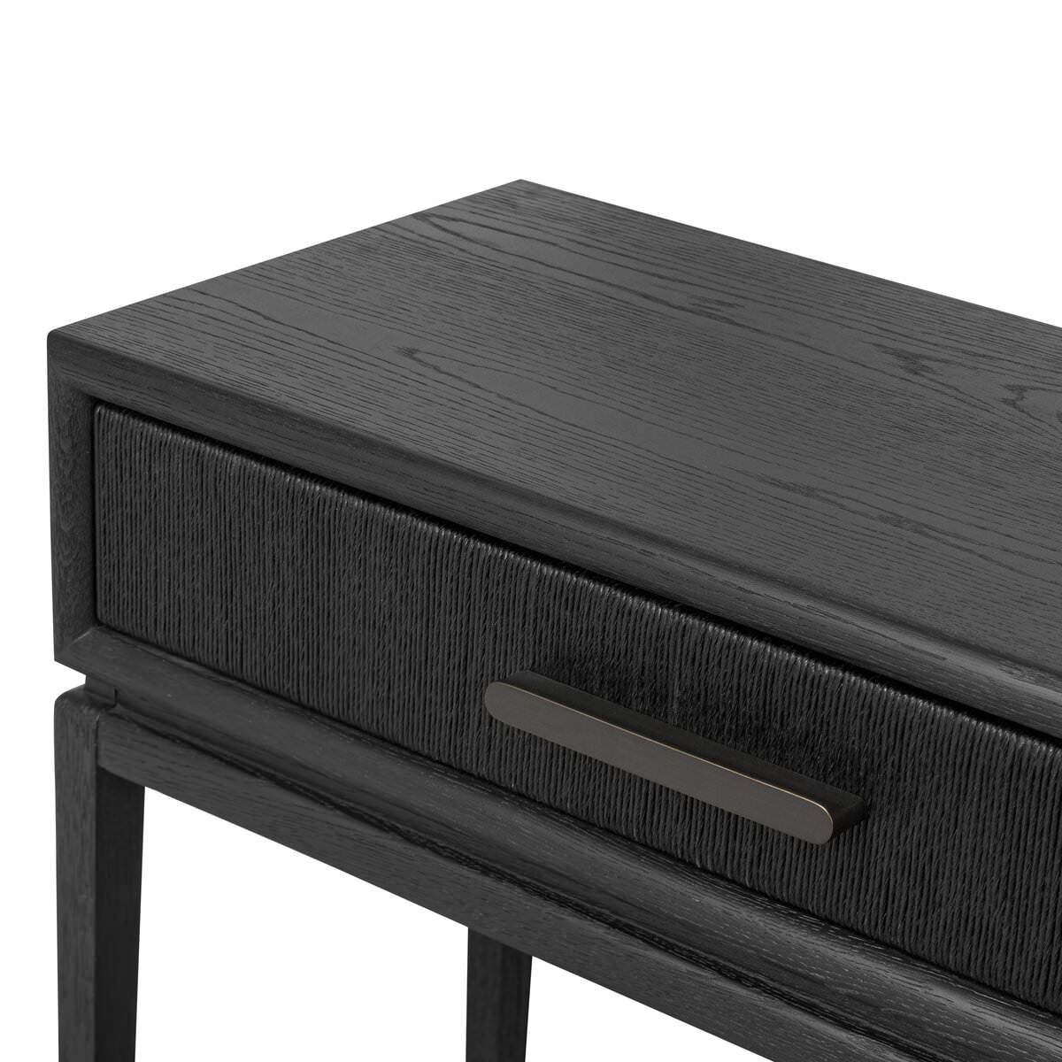 Close up of Four Hands Rosenell Console Table 60" in Black Oak Solid on a white background at Addison West