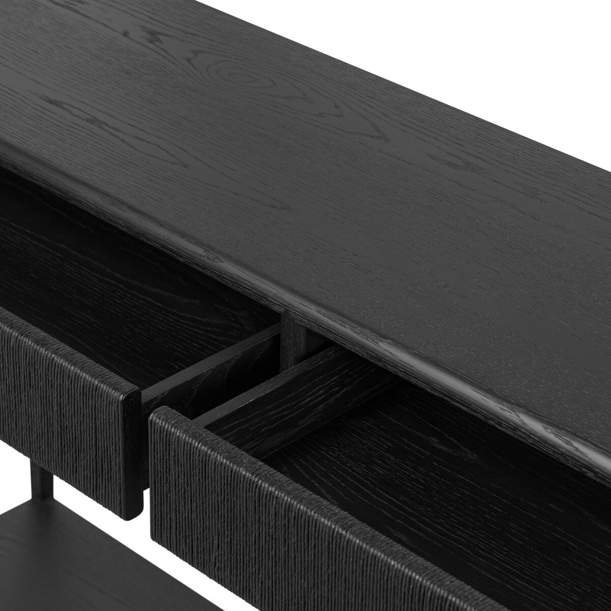 Close up of Four Hands Rosenell Console Table 60" in Black Oak Solid on a white background at Addison West