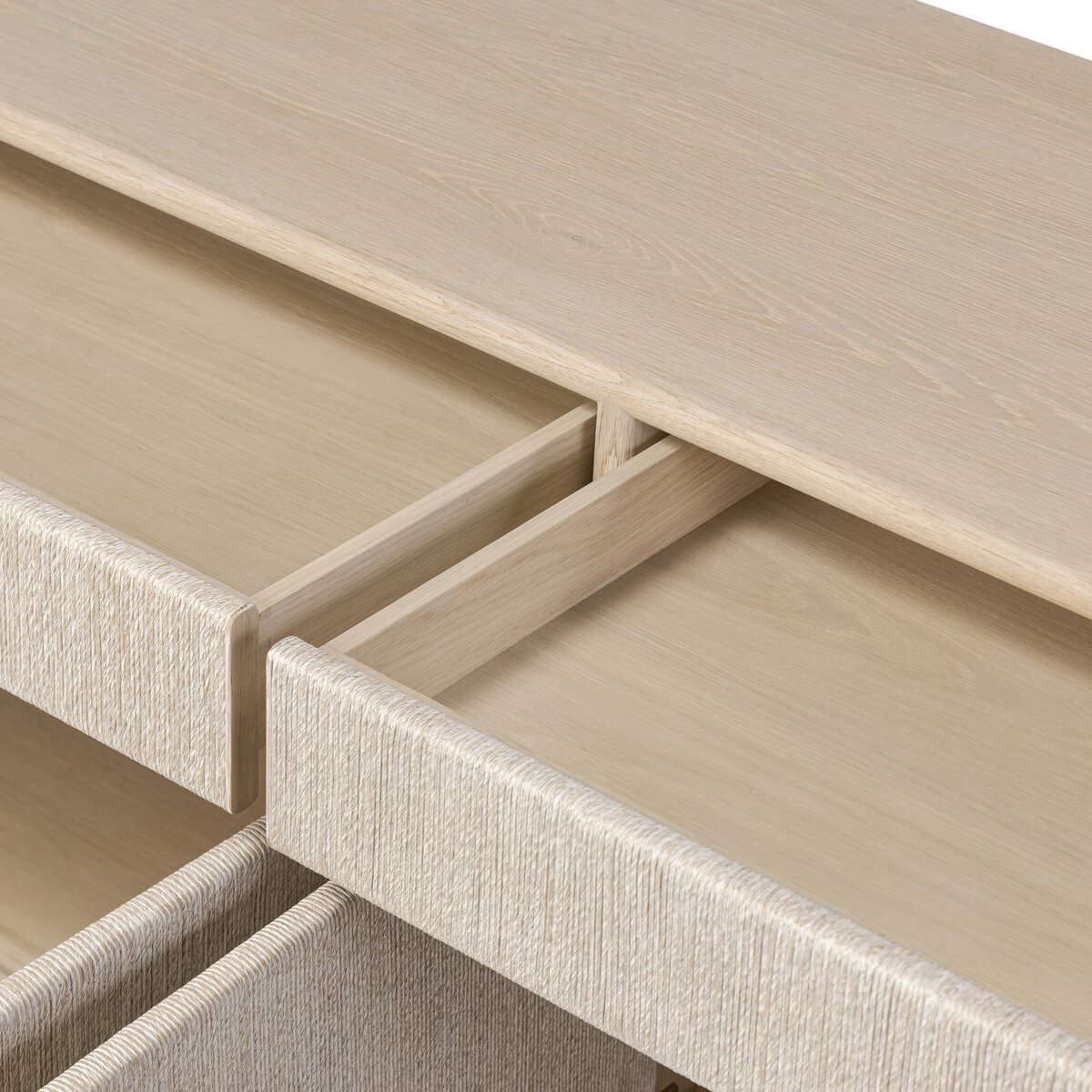 Close up of Four Hands Rosenell Sideboard in Natural Paper Cord on a white background at Addison West