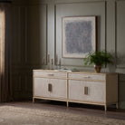 Four Hands Rosenell Sideboard in Natural Paper Cord in a dark green living room at Addison West