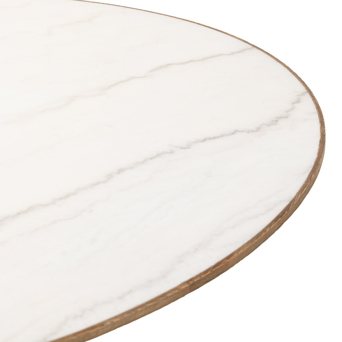 Close up of Four Hands Sargon Dining Table in Honed White Marble on a white background at Addison West