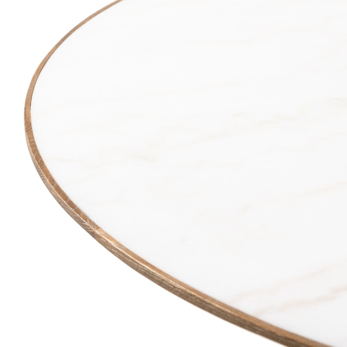 Close up of Four Hands Sargon Dining Table in Honed White Marble on a white background at Addison West