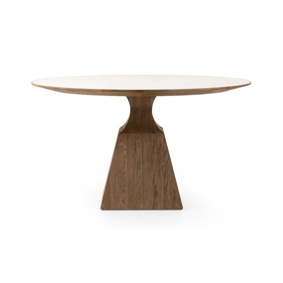 Four Hands Sargon Dining Table in Honed White Marble on a white background at Addison West