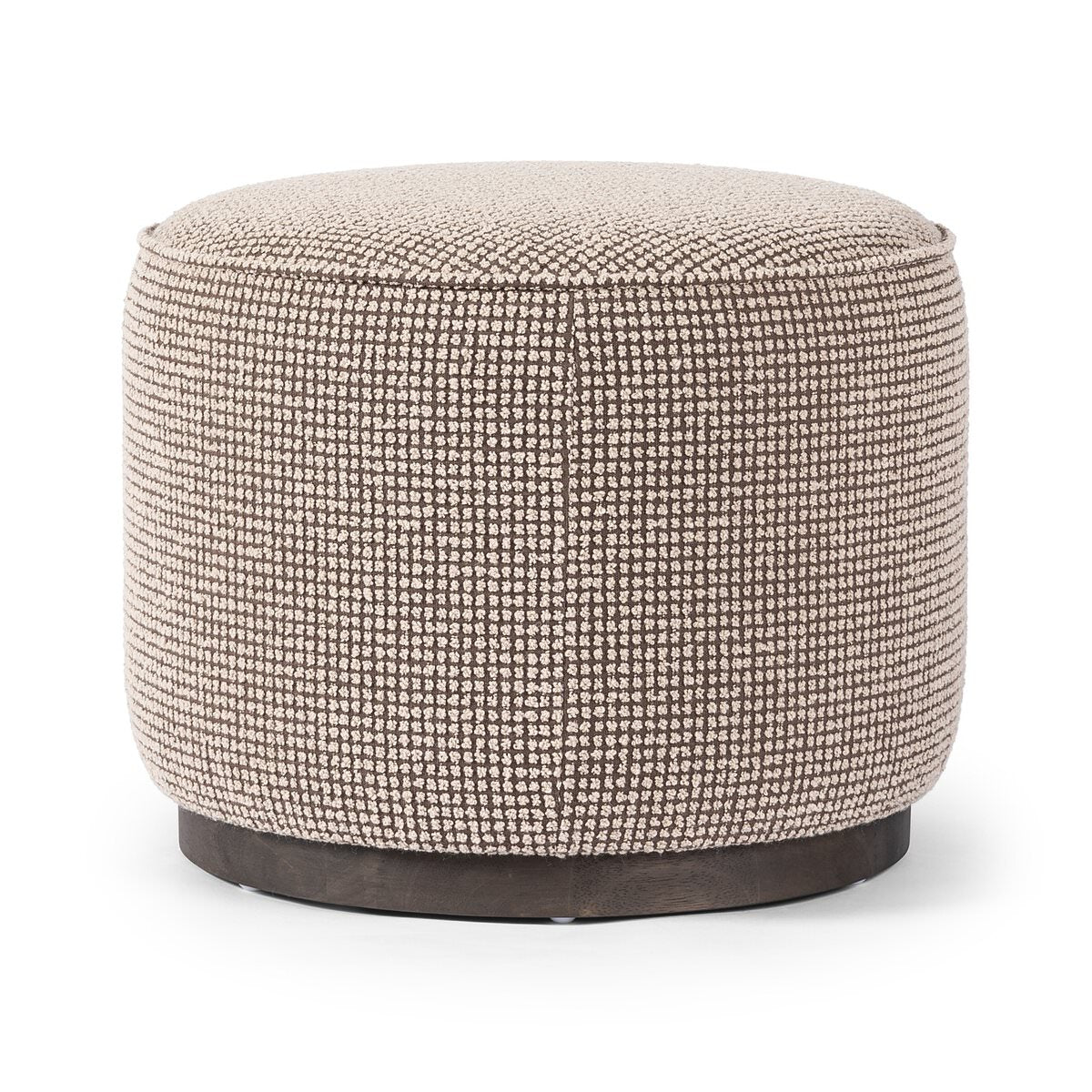 Four Hands Sinclair Round Ottoman in Barrow Taupe on a white background