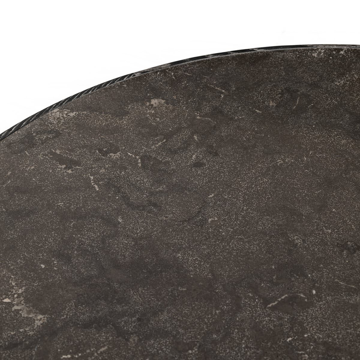 Close up of Four Hands Skye Round Dining Table 42" in Bluestone on a white background at Addison West