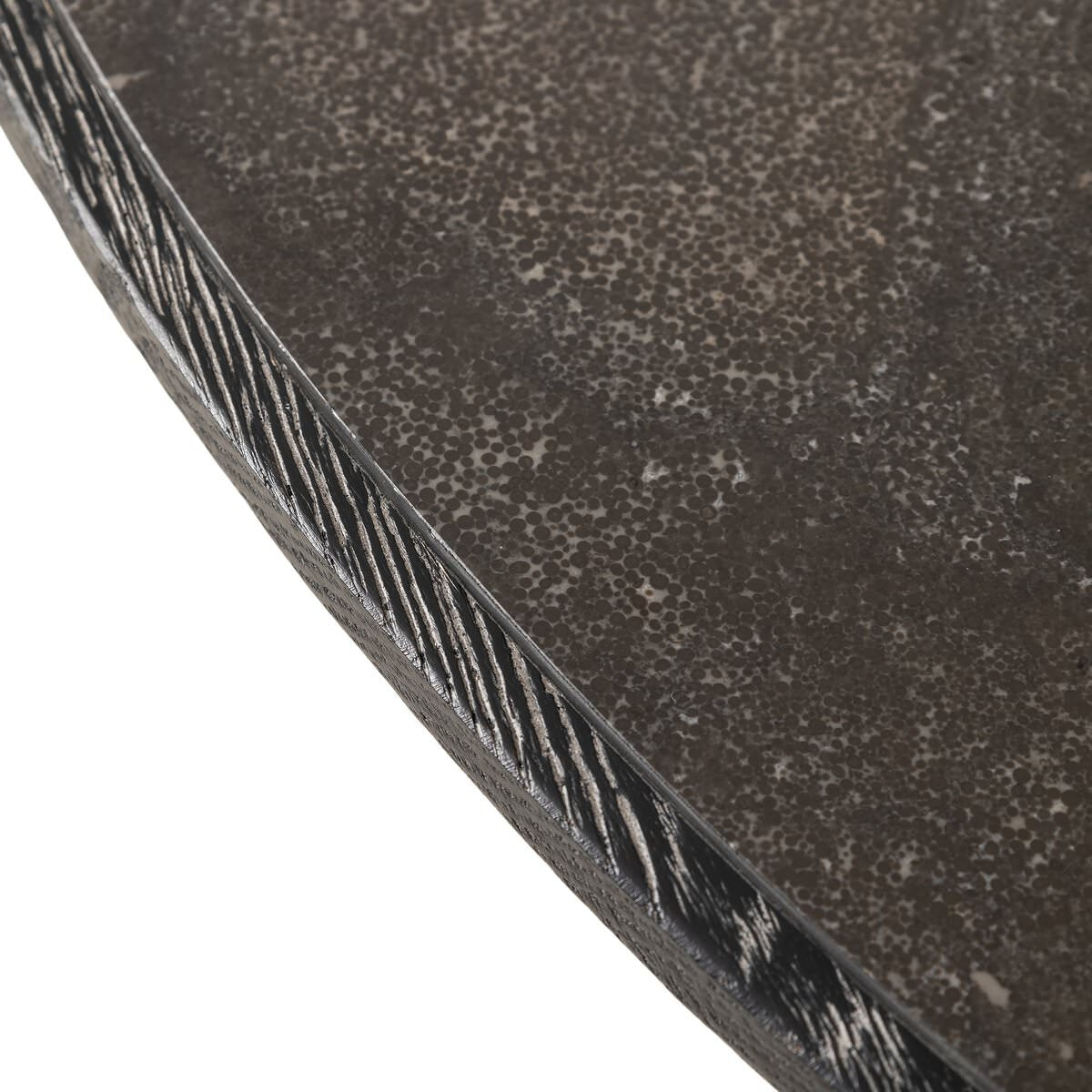 Close up of Four Hands Skye Round Dining Table 42" in Bluestone on a white background at Addison West