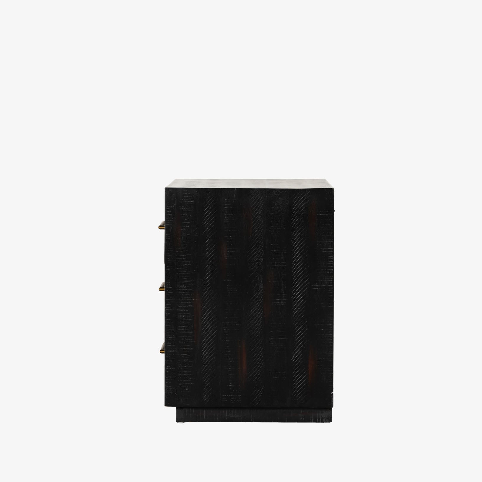 Black Suki nightstand with 3 drawers and brass hardware made by Four Hands Furniture on a white background