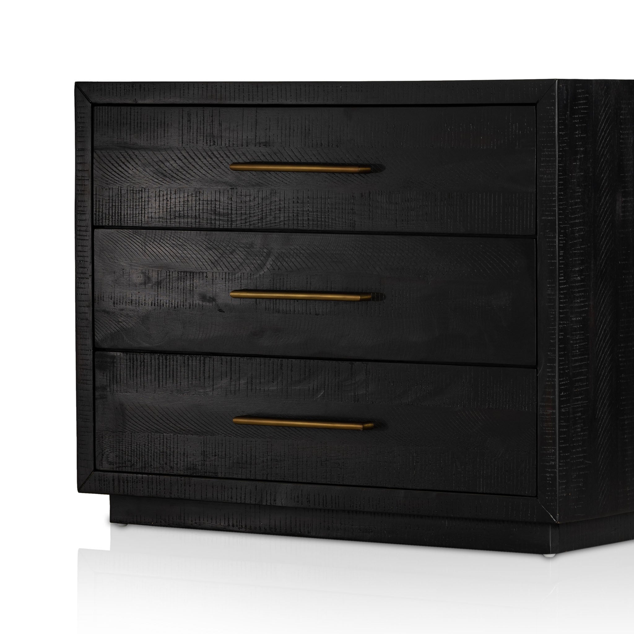 Black Suki nightstand with 3 drawers and brass hardware made by Four Hands Furniture on a white background
