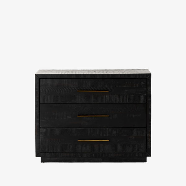 Black Suki nightstand with 3 drawers and brass hardware made by Four Hands Furniture on a white background