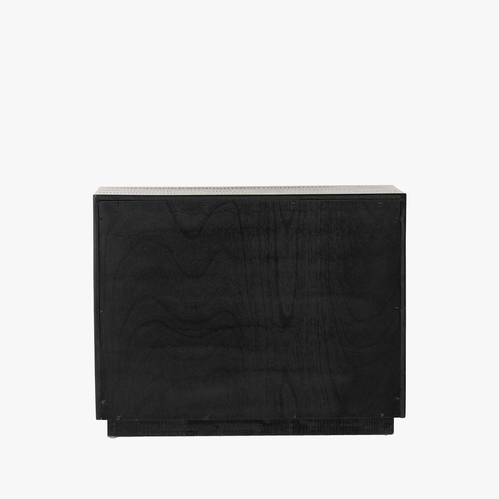 Black Suki nightstand with 3 drawers and brass hardware made by Four Hands Furniture on a white background