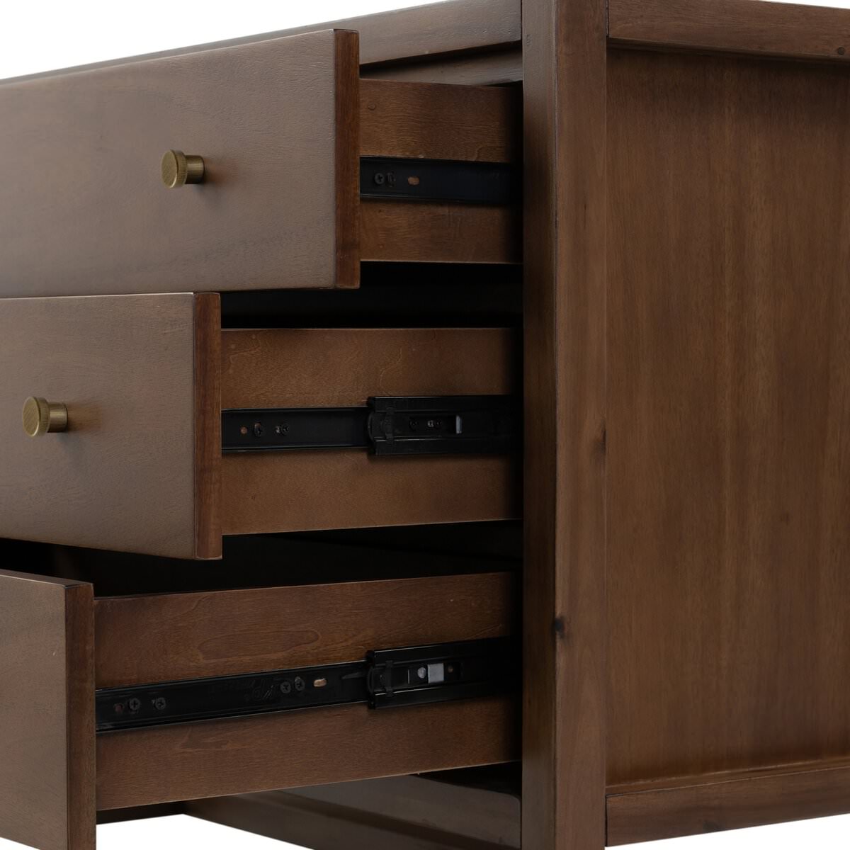 Close up of Four Hands Sullivan Nightstand in Saddle Tan Veneer on a white backgroud