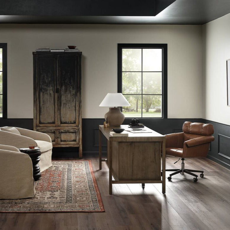 Four Hands Suspension Desk in Rustic Grey Veneer in a modern neutral office