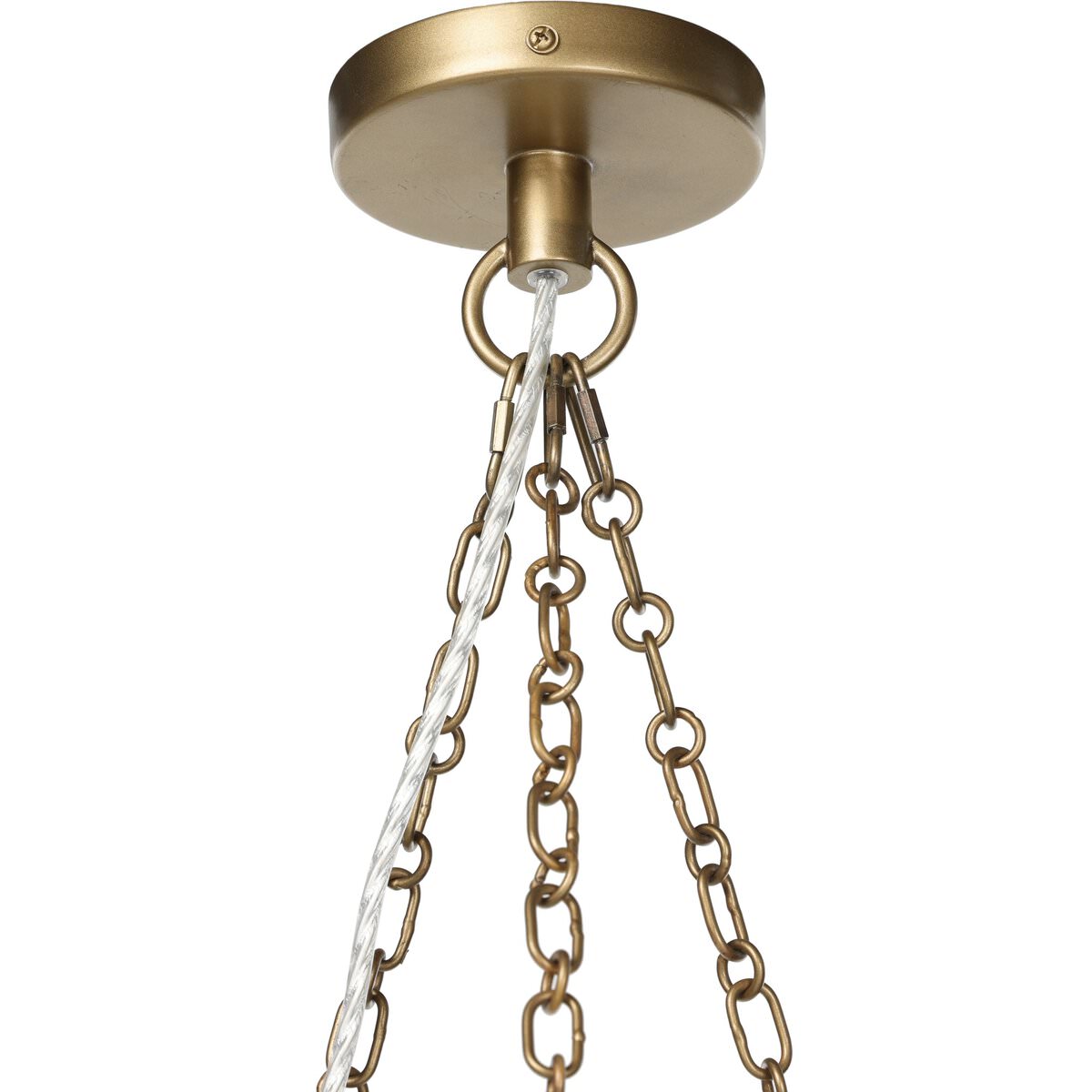 Close up of Four Hands Teague Pendant in Antique Brass Iron on a white background at Addison West