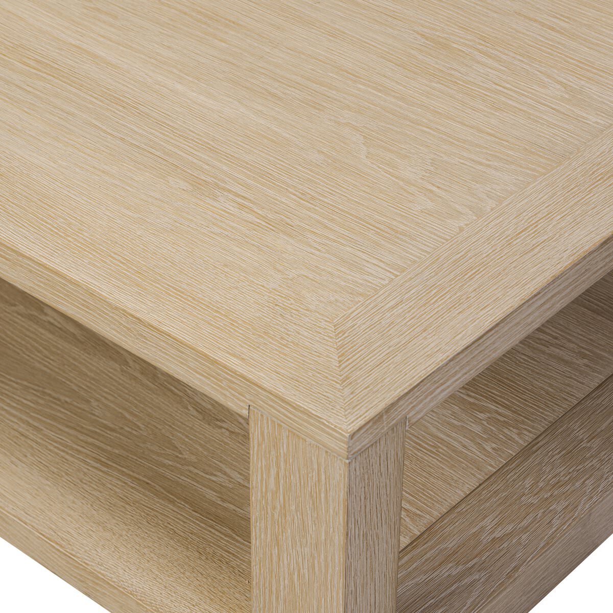 Close up of Four Hands Thomas Square Coffee Table in Bleached Oak Veneer on a white background at Addison West