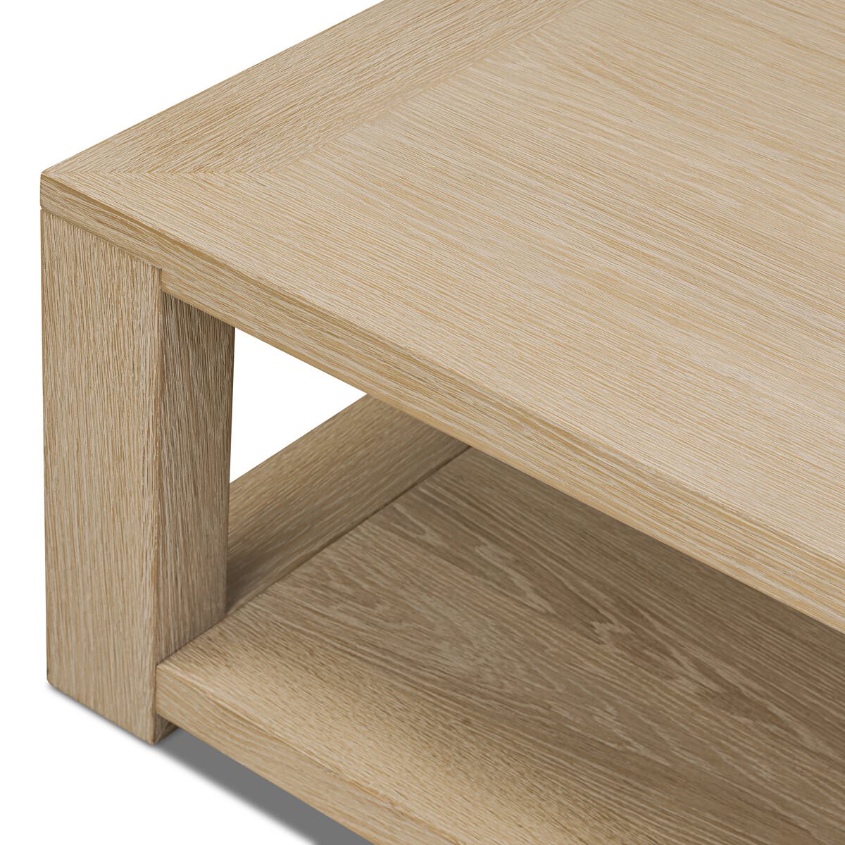 Close up of Four Hands Thomas Square Coffee Table in Bleached Oak Veneer on a white background at Addison West