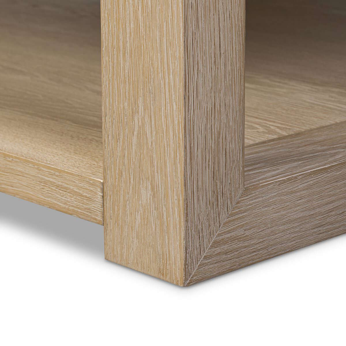 Close up of Four Hands Thomas Square Coffee Table in Bleached Oak Veneer on a white background at Addison West