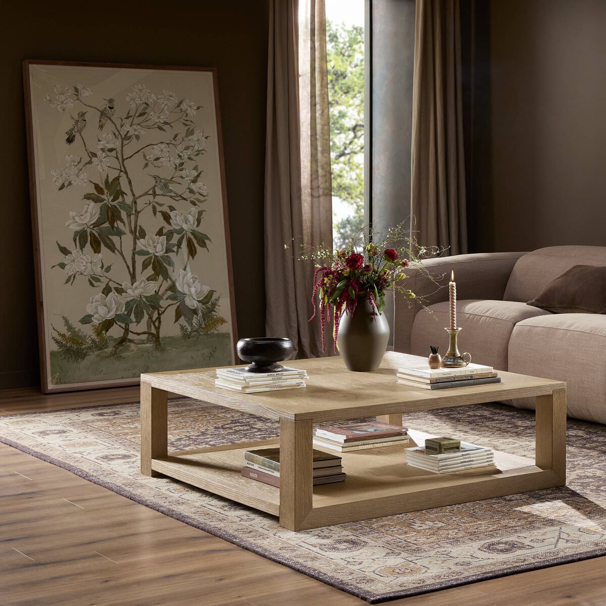 Four Hands Thomas Square Coffee Table in Bleached Oak Veneer in a neutral living room at Addison West