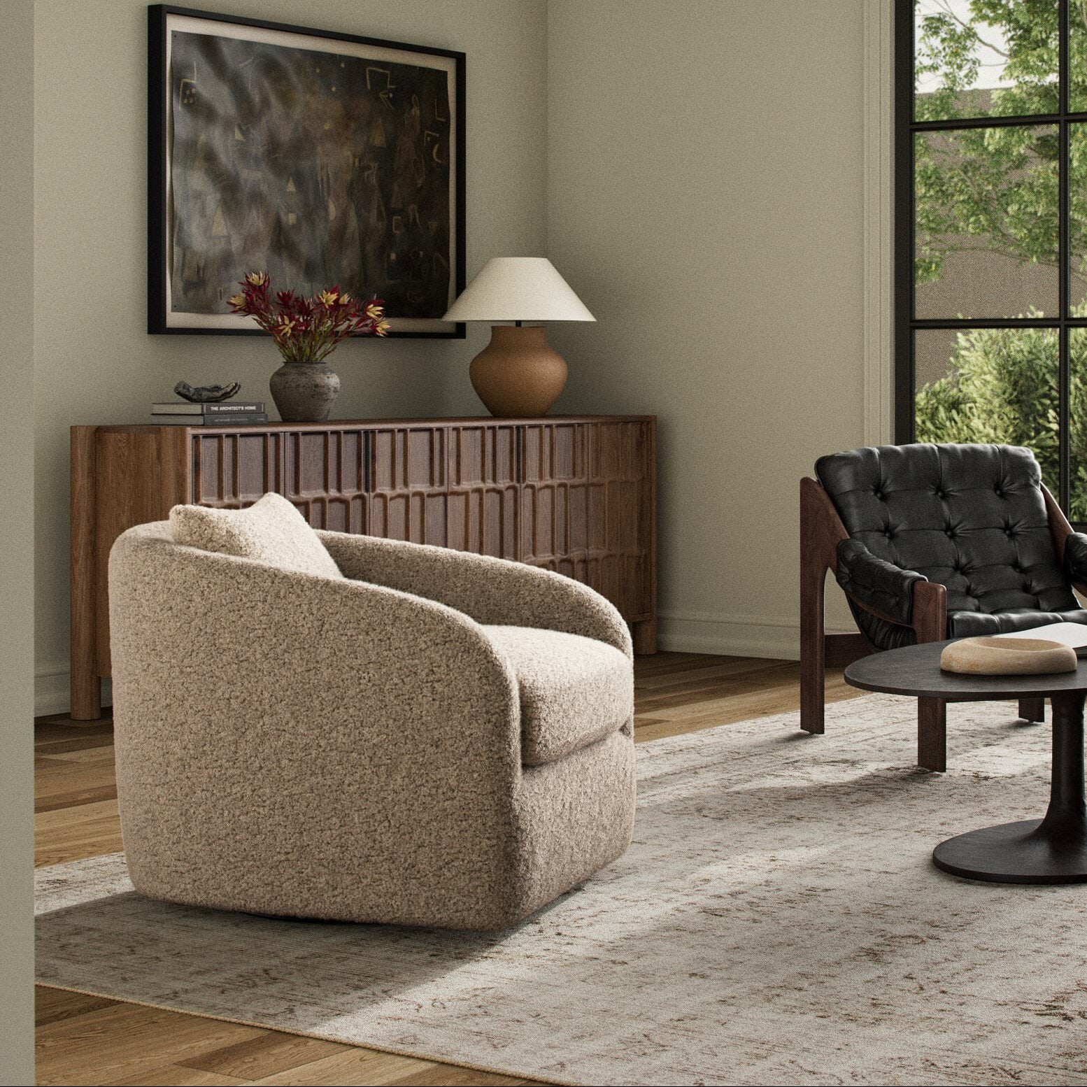 Four Hands Topanga Swivel Chair in Beige Shearling in a living room at Addison West