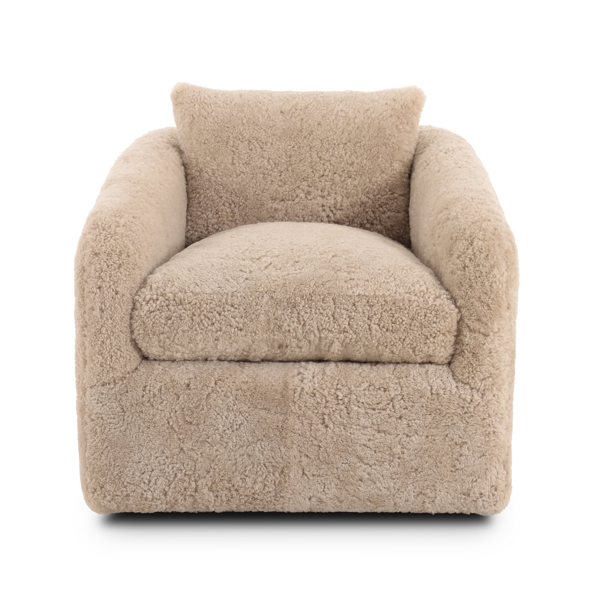 Four Hands Topanga Swivel Chair in Beige Shearling on a white background at Addison West