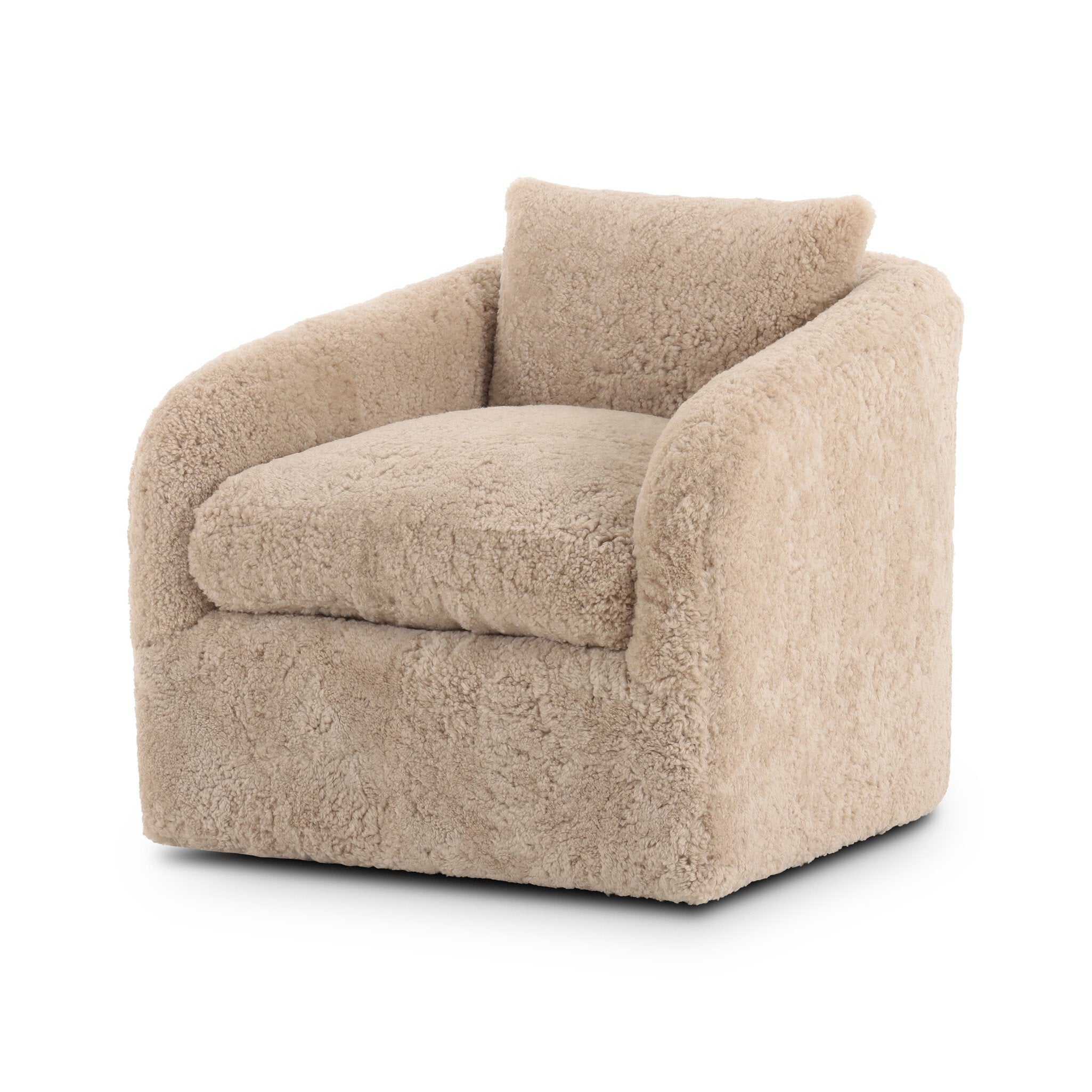 Four Hands Topanga Swivel Chair in Beige Shearling on a white background at Addison West