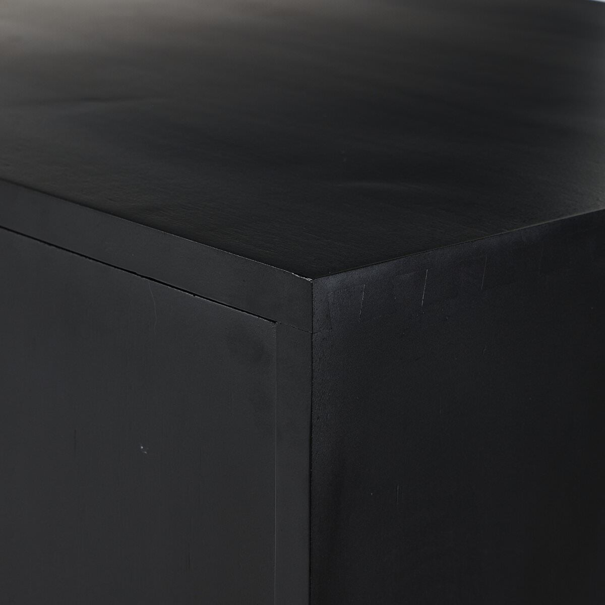 Close up of Four Hands Trey Bar Cabinet in Black Wash Poplar