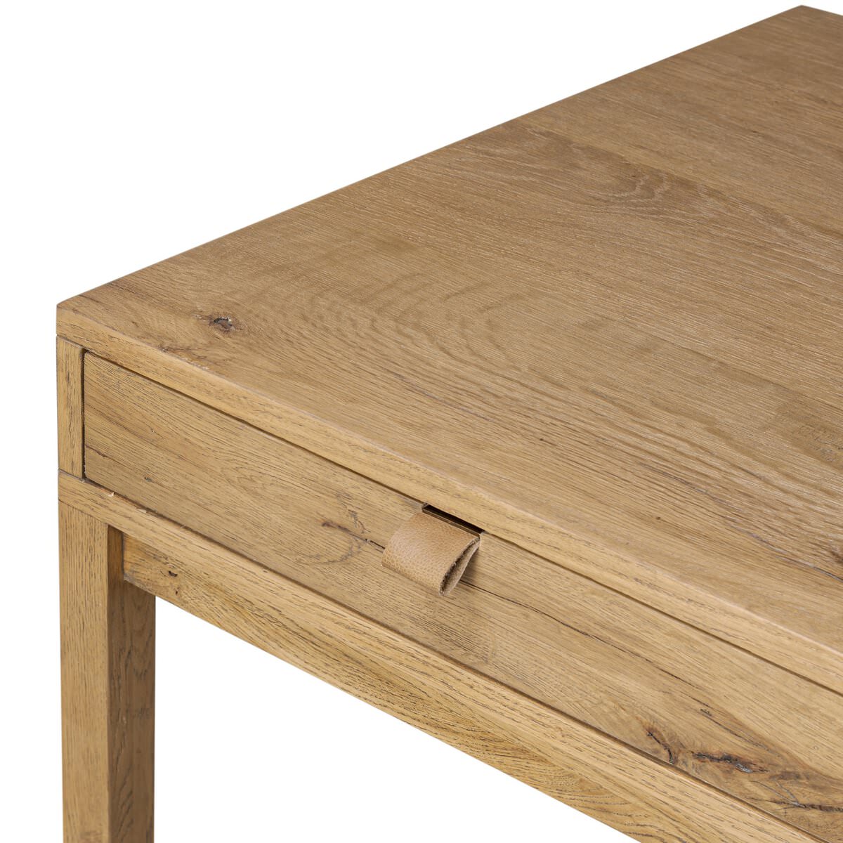 Close up of Four Hands Tula Writing Desk in Worn Oak Veneer on a white background at Addison West