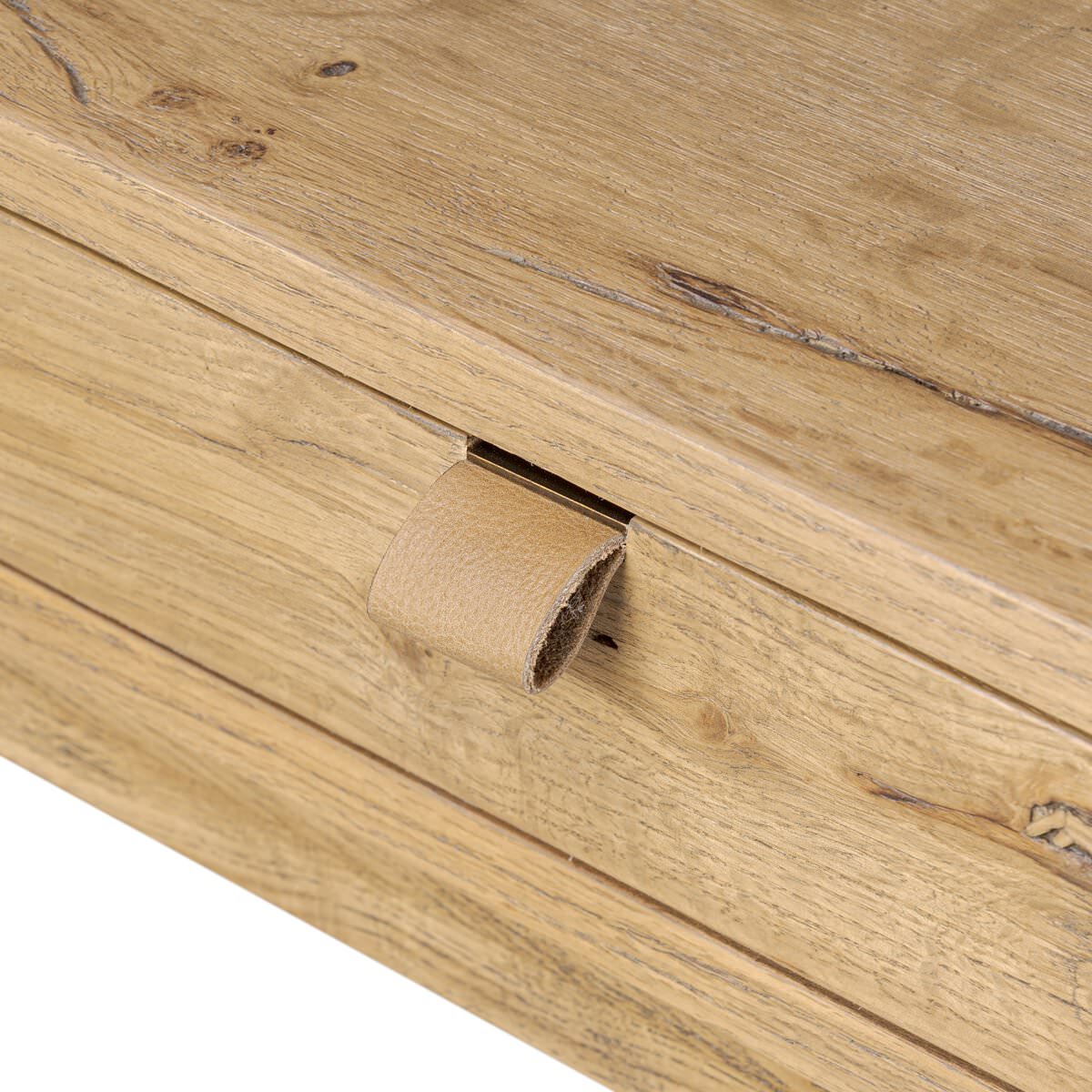 Close up of Four Hands Tula Writing Desk in Worn Oak Veneer on a white background at Addison West