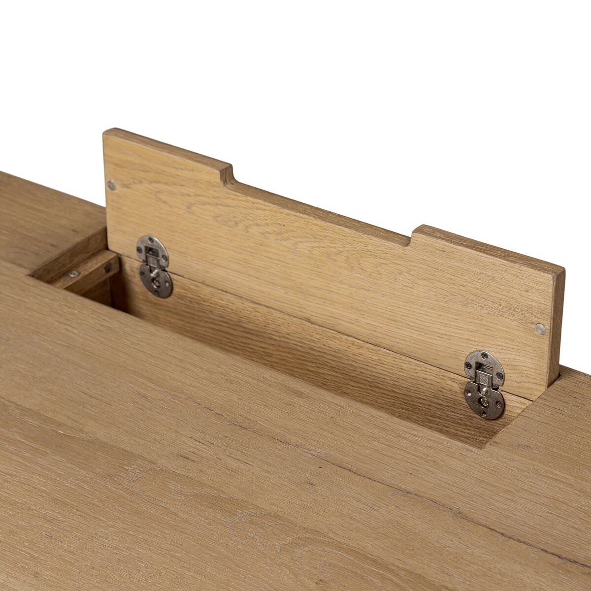 Close up of Four Hands Tula Writing Desk in Worn Oak Veneer on a white background at Addison West