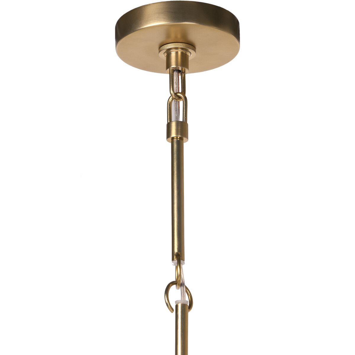 Close up of Four Hands Wendall Pendant in Antique Brass Iron on a white background at Addison West