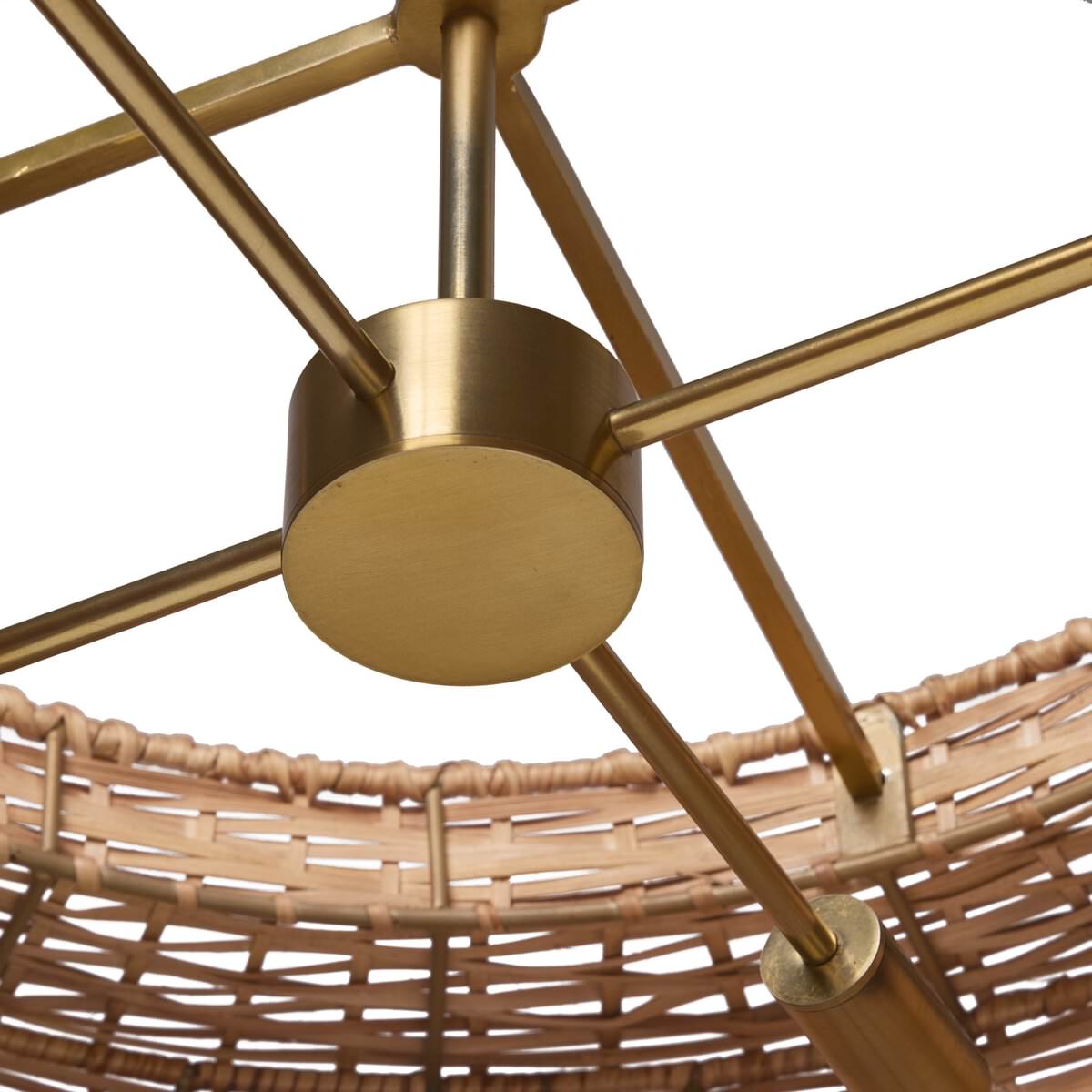 Close up of Four Hands Wendall Pendant in Antique Brass Iron on a white background at Addison West