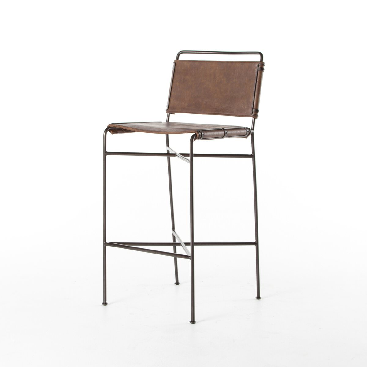 Four Hands Wharton Bar Stool in Distressed Brown on a white background at Addison West