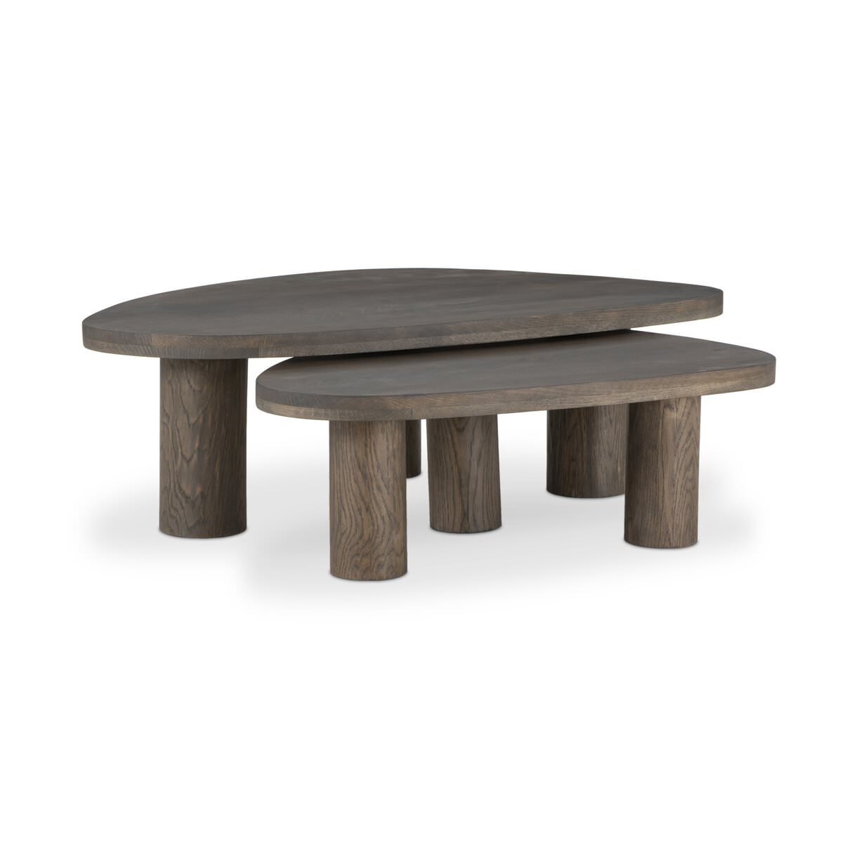 Four Hands Zion Nesting Coffee Table Set in Grey Tobacco Oak on a white background at Addison West