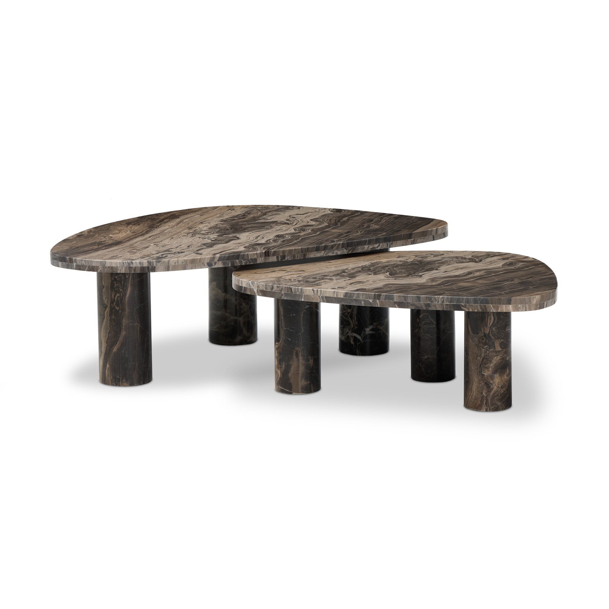 Four Hands Zion Nesting Coffee Tables in Rocky Brown Marble on white background at Addison West.