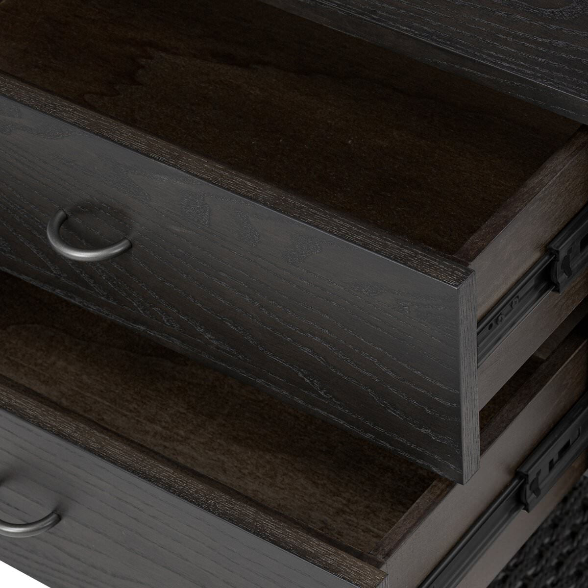 Close up of Four Hands Zuma Nightstand in Smoked Black Ash Veneer on a white background at Addison West