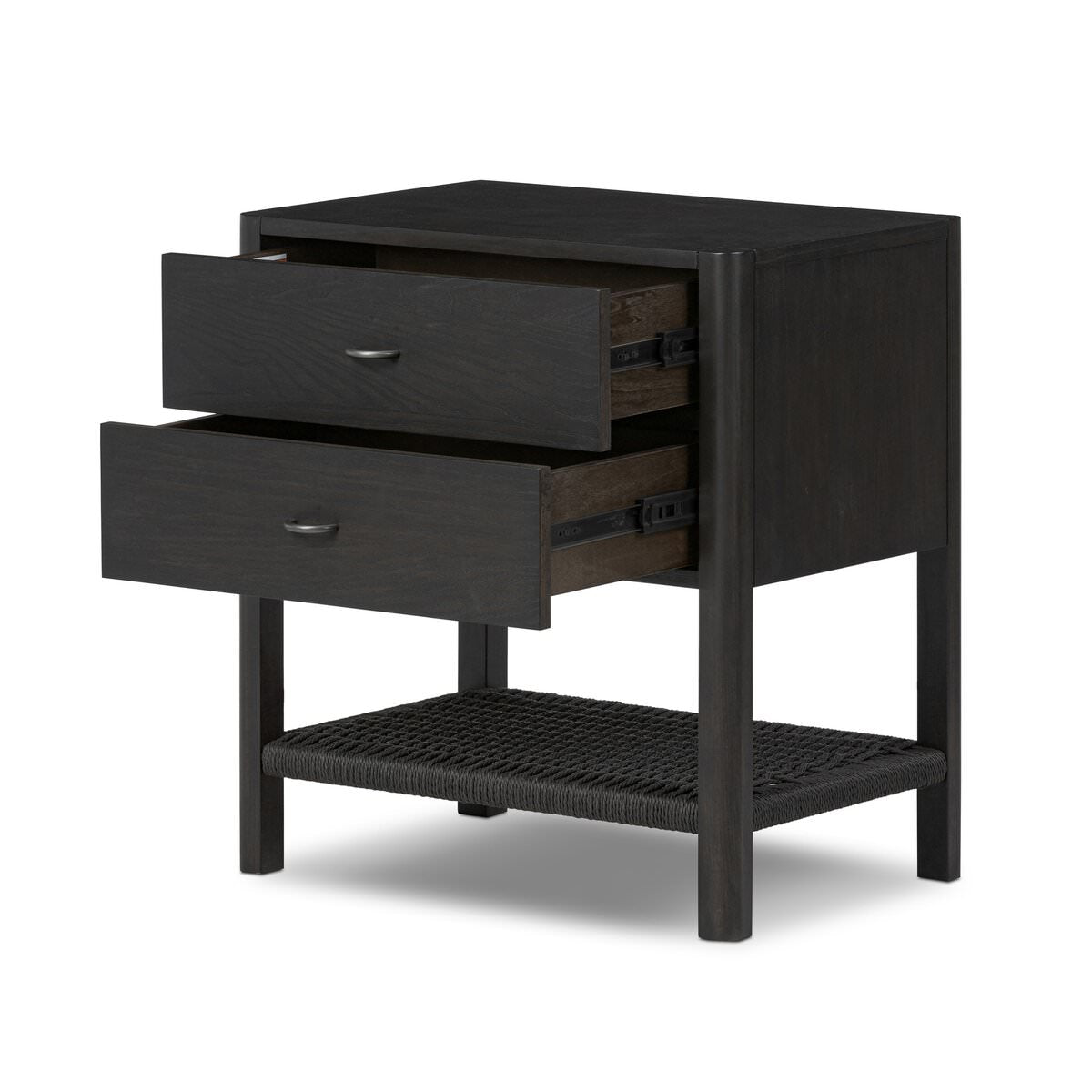 Four Hands Zuma Nightstand in Smoked Black Ash Veneer on a white background at Addison West
